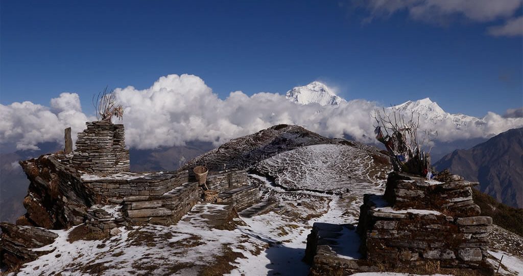 Khopra Ridge Community Trek from Pokhara is an exhilarating trek in the Annapurna region of Nepal. Khopra trek is a newly introduced trek that offers unique trekking experience in Nepal. Traverse the less-crowded trail to Khopra Danda to discover the majestic mountains like Dhaulagiri, Nilgiri, Machhapuchhre, Annapurna I, and surrounding peaks. En route to Khopra Danda, walk through verdant rhododendron and pine forests, high pastures, alpine meadows, and quaint villages. Additionally, Khopra Danda Trek lets hike to Khayer Lake, a sacred lake to Hindus. Your Khopra danda trek itinerary lets you explore Khopra ridge in just 7 days. This marvelous adventure starts and ends in the City of Lakes, Pokhara. You will start the trek from Kimche heading to Tadapani. Follow the Khopra Danda trek map and stop at Tadapani, Dobato, Khopra Danda, Swanta Village, Ghorepani, and Hile. On the 4th day, you will hike to Khayer Lake. Khopra trek from Pokhara is an easy and moderate trek, suitable for all age groups. The highest elevation of this trek is Khayer Lake at 4500m. Every day demands a minimum of 4-5 hours of trek. On the 4th day, en route to Khayer Lake from Khopra Danda, you will have to trek for 9-10 hours. If you are looking for some other treks in Annapurna region, we recommend Annapurna Base Camp Trek and Mardi Himal Trek.